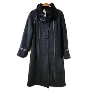 Gallery Faux Suede Fur Trim Long Winter Coat Women Medium Black